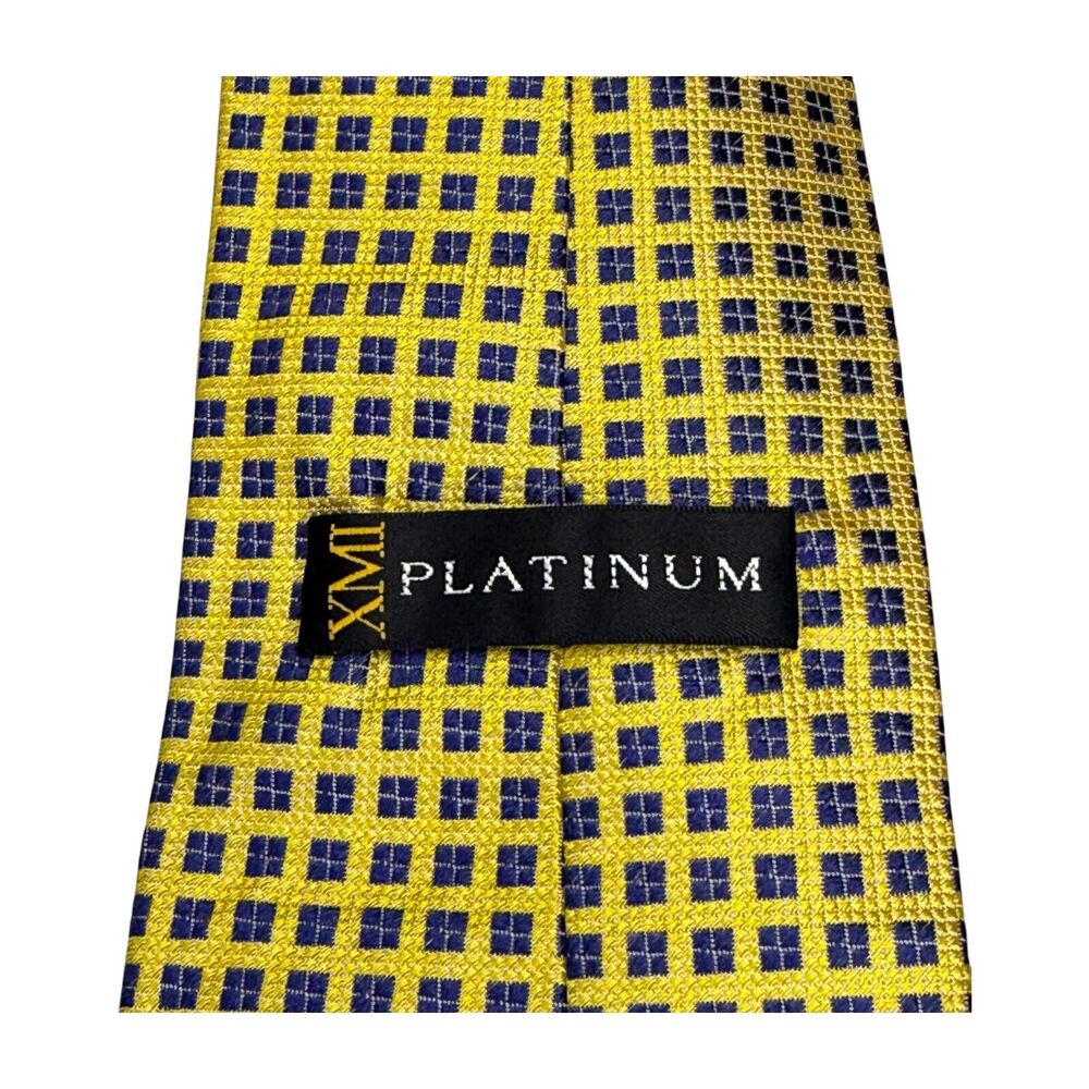 XMI Platinum Mens Necktie 100% Silk Yellow & Navy Checkerboard 30" Length Formal - Picture 3 of 8
